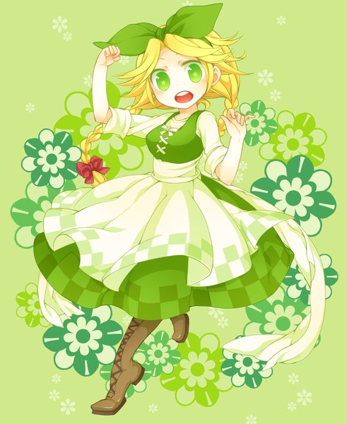 Anime picture 1800x2200 with sound horizon marchen idoko mitani kitsune single long hair tall image looking at viewer highres open mouth blonde hair green eyes full body braid (braids) twin braids checkered green background girl dress flower (flowers)