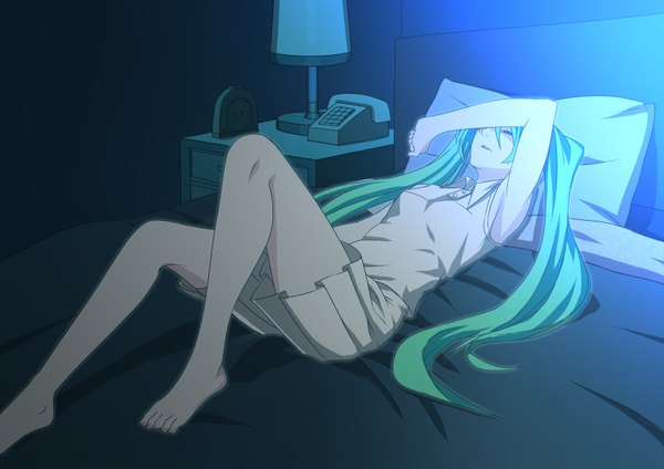 Anime picture 3508x2480 with vocaloid hatsune miku iyokamioto long hair highres twintails absurdres lying eyes closed barefoot aqua hair legs girl skirt pillow bed clock phone alarm clock
