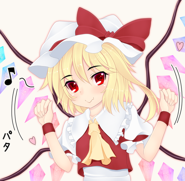 Anime picture 1200x1171 with touhou flandre scarlet kiyomin single short hair blonde hair red eyes girl bow wings wrist cuffs bonnet crystal