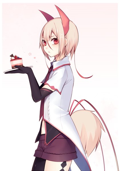 Anime picture 668x947 with original muryotaro single tall image looking at viewer blush fringe short hair simple background blonde hair red eyes white background animal ears horn (horns) short sleeves fox ears gradient background border fox girl pink background