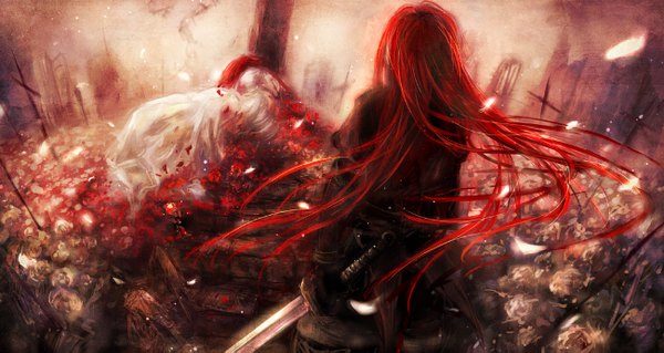 Anime picture 1300x693 with original 317/miiina (pixiv) single long hair wide image red hair from behind girl flower (flowers) petals sword cross