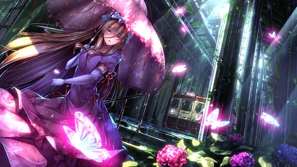 Anime picture 1602x900 with touhou yakumo yukari ryosios single long hair looking at viewer blonde hair wide image yellow eyes sunlight revision girl dress gloves flower (flowers) ribbon (ribbons) plant (plants) elbow gloves leaf (leaves) insect