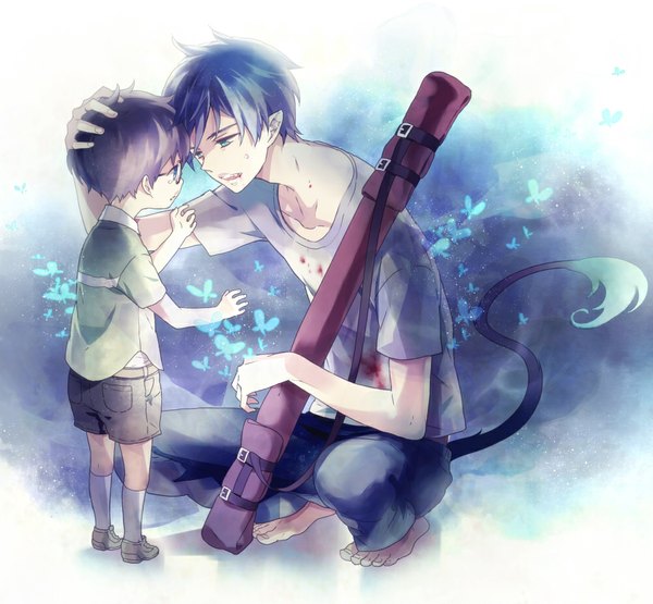 Anime picture 1000x926 with ao no exorcist a-1 pictures okumura rin okumura yukio shukichi short hair open mouth blue eyes black hair tail barefoot pointy ears multiple boys no shoes squat alternate age younger boy sword socks