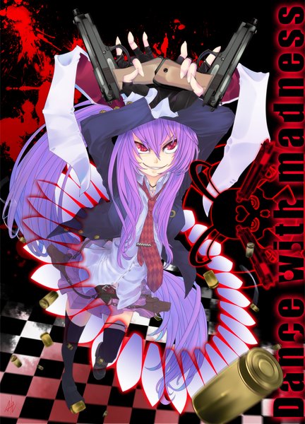 Anime picture 1588x2207 with touhou reisen udongein inaba kumonji aruto single long hair tall image red eyes purple hair bunny ears grin bunny girl checkered floor girl thighhighs gloves weapon black thighhighs fingerless gloves gun