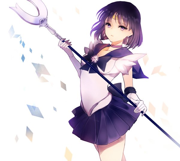 Anime picture 800x717 with bishoujo senshi sailor moon toei animation tomoe hotaru sailor saturn lpip single looking at viewer short hair simple background white background purple eyes purple hair girl gloves weapon earrings choker elbow gloves white gloves