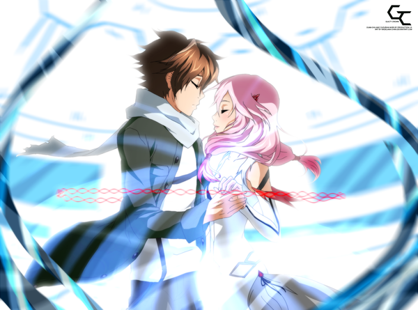 Anime picture 1934x1435 with guilty crown production i.g yuzuriha inori ouma shu long hair blush highres short hair black hair pink hair eyes closed couple girl dress boy hair ornament hairclip scarf