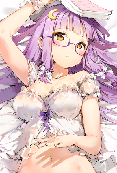 Anime picture 1000x1481 with touhou patchouli knowledge anmi single long hair tall image looking at viewer blush fringe breasts light erotic brown eyes cleavage purple hair upper body lying blunt bangs arm up shadow bespectacled