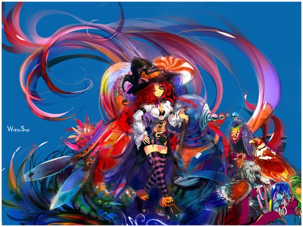 Anime picture 1280x960 with snyp (r0pyns) red hair one eye closed wink abstract thighhighs animal bird (birds) witch hat striped thighhighs