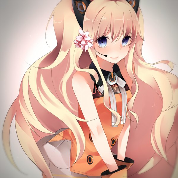 Anime picture 1300x1300 with vocaloid seeu komsaupp single long hair looking at viewer blush blue eyes blonde hair bare shoulders animal ears hair flower girl skirt gloves hair ornament