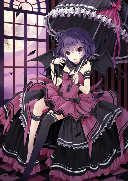Anime picture 1300x1838 with touhou remilia scarlet tot (zhxto) single tall image short hair purple eyes purple hair girl thighhighs dress black thighhighs wings frills window moon umbrella