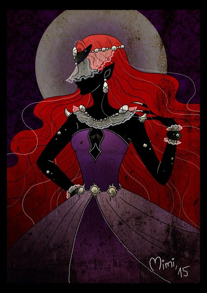 Anime picture 1024x1448 with bishoujo senshi sailor moon toei animation queen beryl mimiclothing single tall image signed red hair very long hair profile arm up fingernails pointy ears hand on hip dark skin dark background wavy hair long fingernails framed purple background