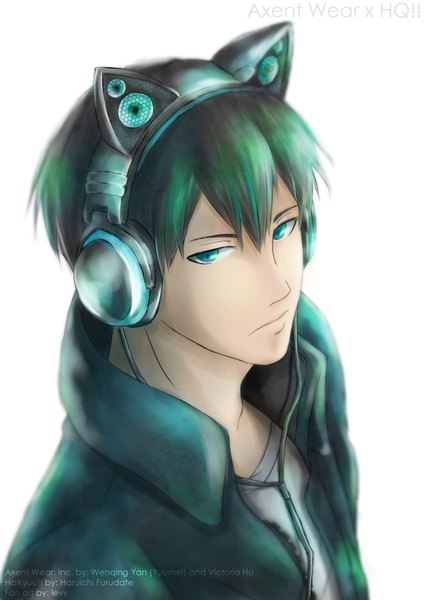 Anime picture 566x800 with haikyuu!! production i.g axent wear headphones kageyama tobio levygraph single tall image looking at viewer fringe short hair blue eyes black hair simple background hair between eyes white background signed green hair inscription portrait boy