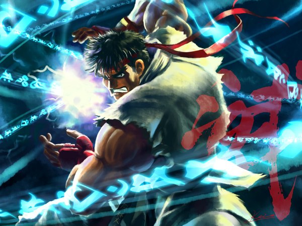 Anime picture 1024x768 with street fighter capcom ryu (street fighter) short hair black hair black eyes muscle epic manly boy gloves fingerless gloves headband hadouken