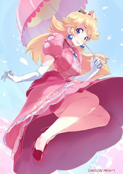 Anime picture 827x1168 with super mario bros. nintendo princess peach ario single long hair tall image looking at viewer blush blue eyes blonde hair signed high heels puffy sleeves flying clown girl dress gloves elbow gloves