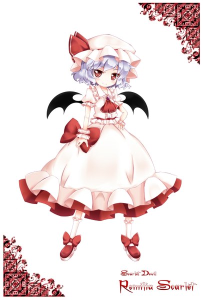 Anime picture 1015x1500 with touhou remilia scarlet cocozasa (artist) single tall image blush short hair red eyes white background silver hair hand on hip girl dress bow wings frills bonnet