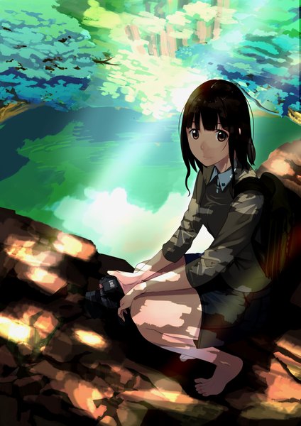 Anime picture 2893x4092 with original kagematsuri single tall image looking at viewer highres short hair black hair sitting brown eyes barefoot bare legs girl plant (plants) tree (trees) camera