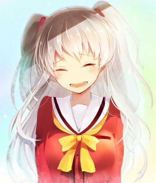 Anime picture 2000x2347 with charlotte p.a. works tomori nao higashi no sora made ai ni kite single long hair tall image blush fringe highres open mouth simple background smile silver hair upper body eyes closed head tilt teeth two side up tears