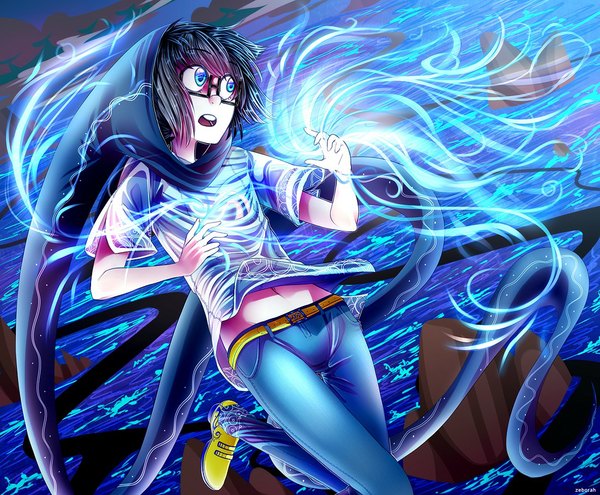 Anime picture 1094x903 with homestuck john egbert single short hair open mouth blue eyes black hair boy navel glasses jeans