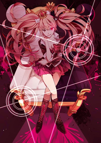 Anime picture 708x1000 with dangan ronpa enoshima junko flywinga7 single tall image open mouth sitting twintails pink hair full body pleated skirt pink eyes from above crossed legs glowing happy wavy hair glowing eye (eyes) lacing skirt