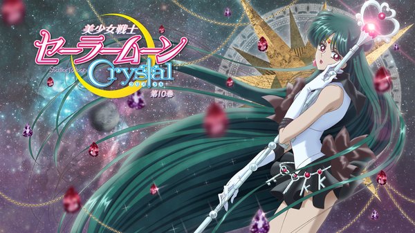 Anime picture 1920x1080 with bishoujo senshi sailor moon toei animation meiou setsuna sailor pluto single looking at viewer highres red eyes wide image holding very long hair pink eyes looking back green hair lips aqua hair sparkle hair bun (hair buns) space girl