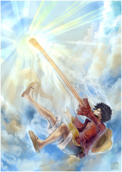 Anime picture 940x1325 with one piece toei animation monkey d. luffy supario single tall image short hair open mouth black hair signed sky cloud (clouds) profile weightlessness screaming boy hat shorts sun straw hat