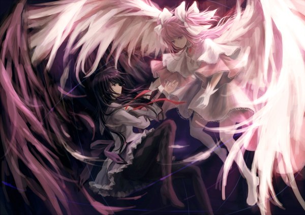 Anime picture 848x600 with mahou shoujo madoka magica shaft (studio) akemi homura kaname madoka goddess madoka windyakuma long hair black hair purple eyes twintails multiple girls pink hair bent knee (knees) pleated skirt pink eyes high heels floating hair short twintails angel wings eye contact