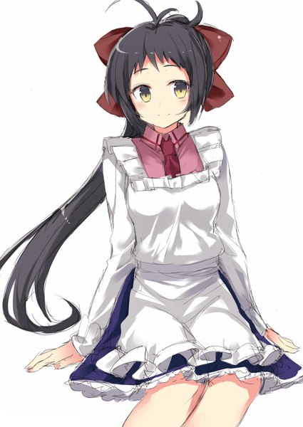 Anime picture 708x1000 with kantai collection irako food supply ship kuhotaka single long hair tall image blush black hair simple background smile white background yellow eyes looking away ahoge ponytail girl bow hair bow apron