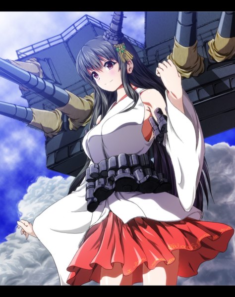 Anime picture 1187x1500 with kantai collection fusou battleship rrw (wrwrwr54) single long hair tall image black hair red eyes bare shoulders sky cloud (clouds) traditional clothes light smile nontraditional miko girl hair ornament weapon detached sleeves