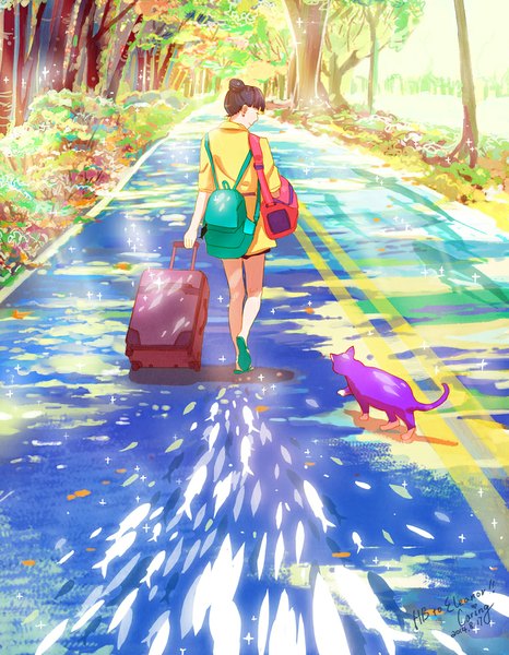 Anime picture 764x983 with original caring long hair tall image fringe smile brown hair eyes closed from behind sunlight hair bun (hair buns) sunbeam swimming girl plant (plants) earrings animal tree (trees) cat bag