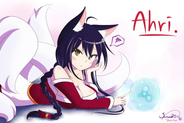 Anime picture 2000x1339 with league of legends ahri (league of legends) single long hair looking at viewer highres breasts light erotic large breasts white background brown eyes animal ears blue hair animal tail facial mark multiple tails whisker markings girl detached sleeves