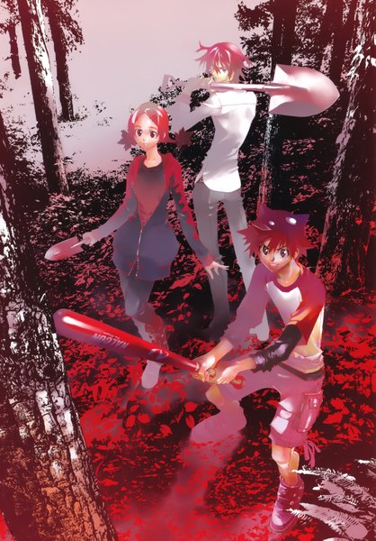 Anime picture 2426x3485 with shiki shimizu megumi tall image highres short hair twintails pink hair looking back multiple boys group girl boy tree (trees) 2 boys forest baseball bat shovel