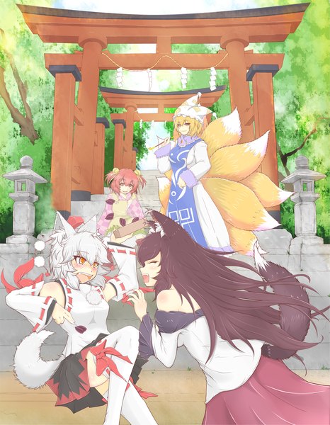 Anime picture 1663x2138 with touhou inubashiri momiji yakumo ran imaizumi kagerou motoori kosuzu cube85 tall image looking at viewer blush open mouth brown hair twintails bare shoulders multiple girls holding animal ears yellow eyes pink hair bent knee (knees) white hair