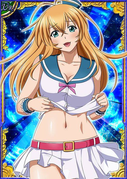 Anime picture 567x800 with ikkitousen sonsaku hakufu single long hair tall image looking at viewer blush fringe breasts open mouth blue eyes blonde hair large breasts holding cleavage ahoge head tilt pleated skirt midriff sleeveless