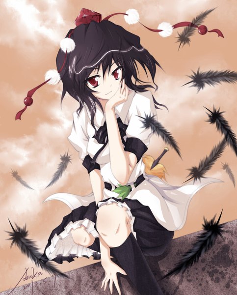 Anime picture 1200x1488 with touhou shameimaru aya asuka (louyun) single tall image short hair black hair red eyes signed girl hat feather (feathers)