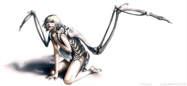 Anime picture 1500x692 with yuumei single short hair open mouth blue eyes blonde hair wide image white background sitting white hair inscription shadow skeleton wings