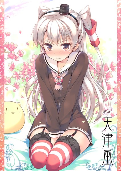 Anime picture 681x963 with kantai collection amatsukaze destroyer hinooka shuuji single long hair tall image blush brown eyes silver hair two side up embarrassed character names kneeling cherry blossoms hieroglyph girl thighhighs hair ornament plant (plants) hat