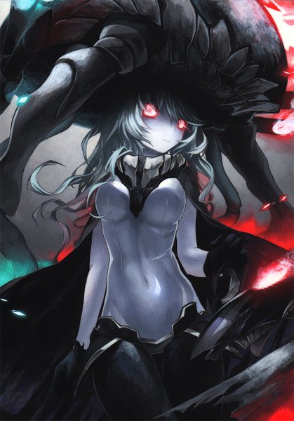 Anime picture 909x1300 with kantai collection wo-class aircraft carrier megusuri single long hair tall image looking at viewer breasts red eyes silver hair teeth covered navel glowing glowing eye (eyes) shinkaisei-kan girl gloves navel black gloves cape