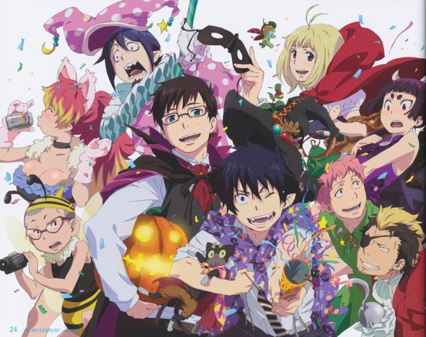 Anime picture 4143x3282 with ao no exorcist a-1 pictures okumura rin okumura yukio moriyama shiemi little red riding hood (character) shima renzou kamiki izumo suguro ryuuji mephisto pheles miwa konekomaru kuro (ao no exorcist) kirigakure shura nii (ao no exorcist) peter pan (character) dracula long hair blush highres short hair