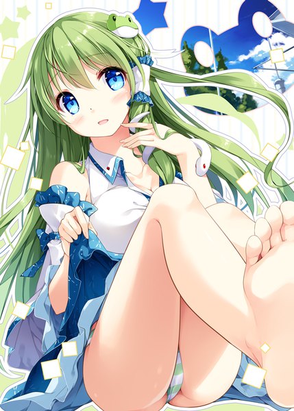 Anime picture 648x906 with touhou kochiya sanae miyase mahiro single long hair tall image blush fringe breasts blue eyes light erotic hair between eyes large breasts sitting bare shoulders cleavage traditional clothes japanese clothes barefoot green hair