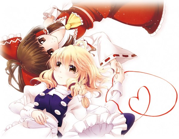 Anime picture 1458x1130 with touhou hakurei reimu kirisame marisa tsukasaki aoi long hair short hair blonde hair brown hair white background multiple girls brown eyes miko heart of string girl dress 2 girls detached sleeves heart thread red thread