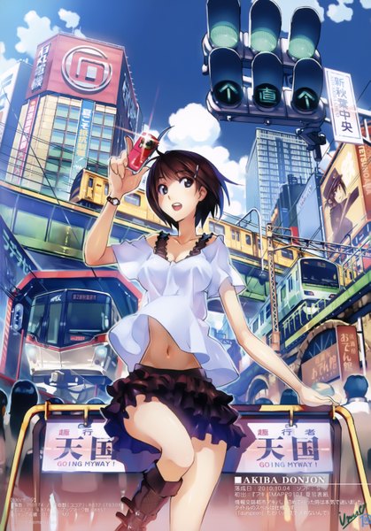 Anime picture 4212x6024 with original vania600 tall image highres short hair open mouth blue eyes black hair absurdres bent knee (knees) inscription midriff city girl skirt navel miniskirt building (buildings) picture camera