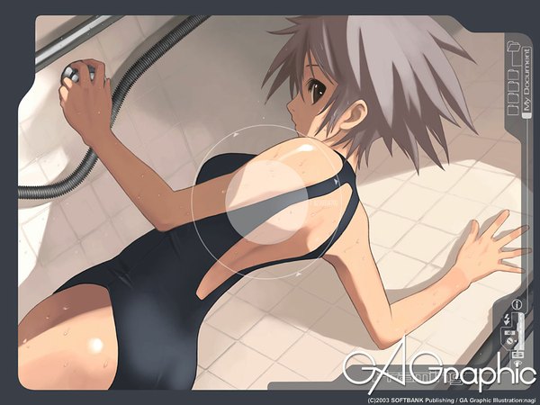 Anime picture 1024x768 with gagraphic nagi ryou single looking at viewer short hair light erotic brown eyes signed profile looking back grey hair wallpaper bare back girl swimsuit one-piece swimsuit black swimsuit photo (object) shower