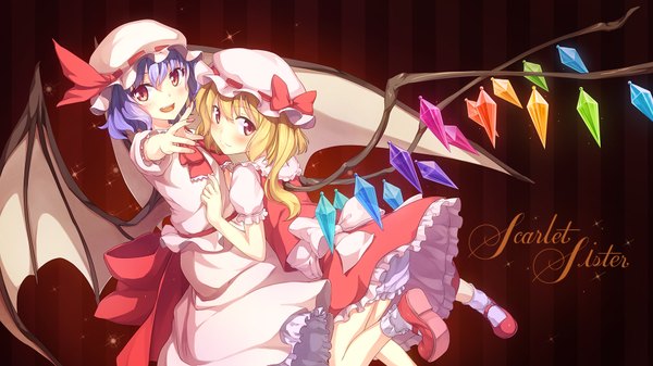 Anime picture 1766x992 with touhou flandre scarlet remilia scarlet shinonome haru blush highres short hair open mouth blonde hair red eyes wide image multiple girls purple hair girl dress bow 2 girls wings frills bonnet