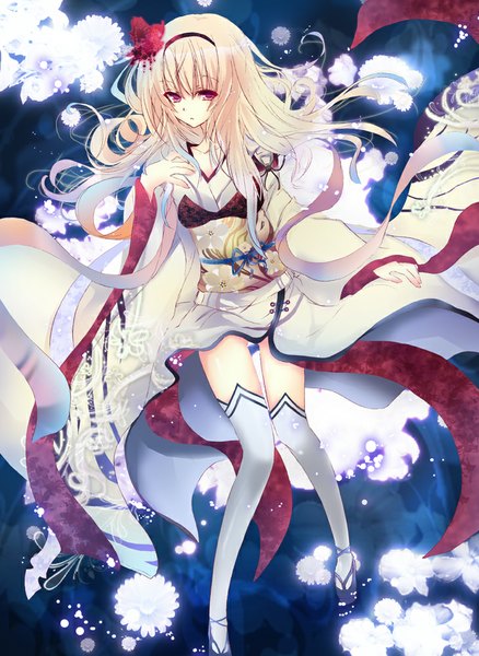 Anime picture 730x1000 with akai katana houkiri nemu shuumeigiku single long hair tall image fringe blonde hair red eyes white background looking away traditional clothes japanese clothes hair flower wide sleeves zettai ryouiki glow girl hair ornament flower (flowers)