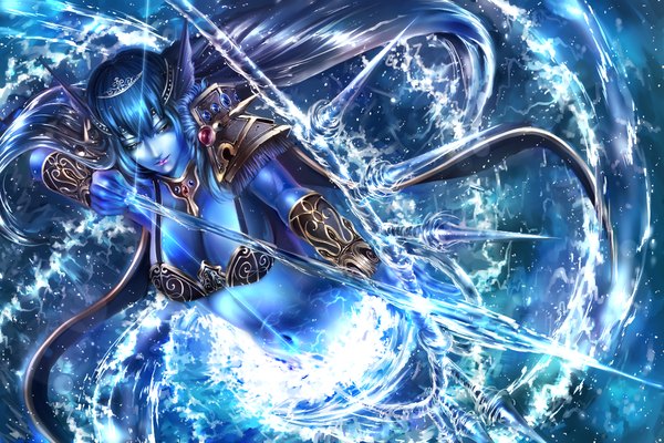 Anime picture 1200x800 with original ryota (ry o ta) single long hair breasts light erotic red eyes large breasts blue hair cleavage blue skin girl navel hair ornament weapon water armor tiara bow (weapon)