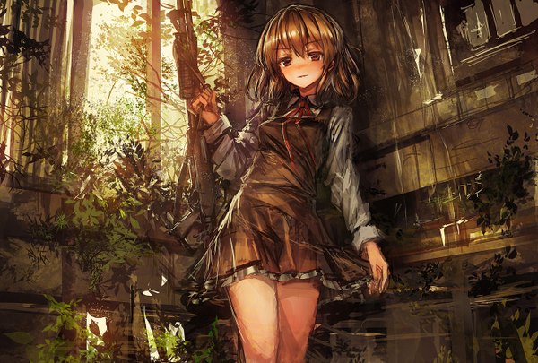 Anime picture 1340x905 with original lm7 (op-center) single looking at viewer blush short hair red eyes brown hair girl dress weapon plant (plants) assault rifle