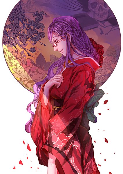 Anime picture 800x1131 with tokyo ghoul studio pierrot kamishiro rize chirp single long hair tall image smile standing purple hair braid (braids) traditional clothes japanese clothes profile pink eyes alternate costume floral print light alternate hairstyle girl