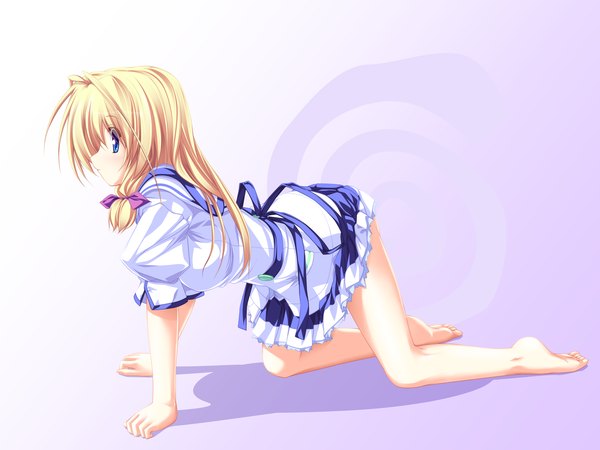 Anime picture 1920x1440 with inakoi tenmaso single long hair blush fringe highres blue eyes simple background blonde hair looking away profile pleated skirt barefoot bare legs shadow short sleeves on all fours girl dress