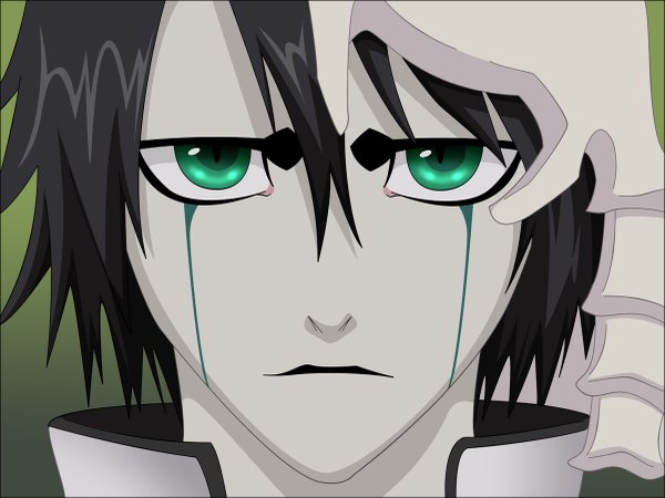 Anime picture 1200x901 with bleach studio pierrot ulquiorra schiffer morrow single looking at viewer short hair black hair simple background green eyes portrait face vector espada boy mask