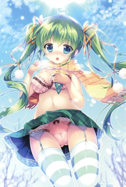 Anime picture 2368x3500 with melonbooks mikeou single long hair tall image looking at viewer blush highres breasts open mouth blue eyes light erotic twintails ahoge green hair scan from below covered nipples snowing wavy hair